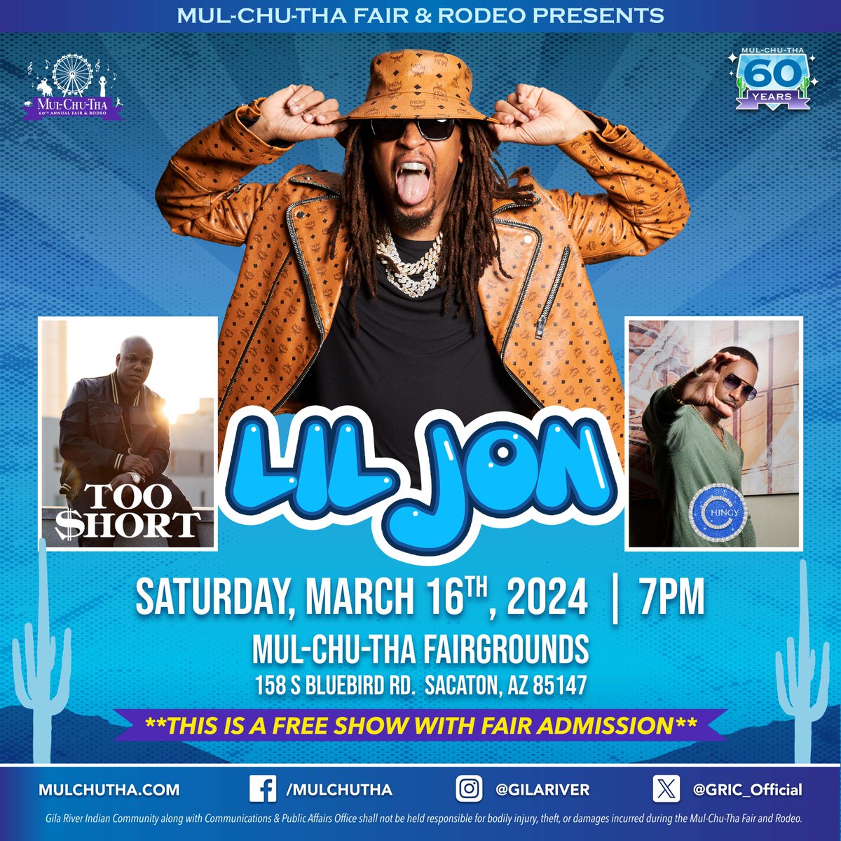 Whaaaaattttt! Okkkayyyyyyyy! Whose ready for Saturday nights entertainment! @TooShort @ChingyFulldekk and @LilJon will hit the main stage at 7:00 pm! Free show with fair admission! (In partnership with @PlayAtGila ) #mct60