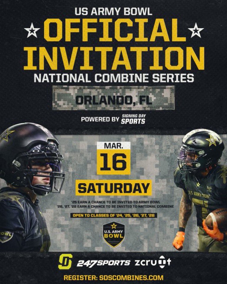 I will be at the US Army Bowl combine tomorrow in Orlando! @JacquezGreen @baylintrujillo @larryblustein @Andy_Villamarzo @H2_Recruiting @RyanWrightRNG @Dwight_XOS @QBHitList @PrepRedzoneFL @BigCountyPreps1 @TheUCReport
