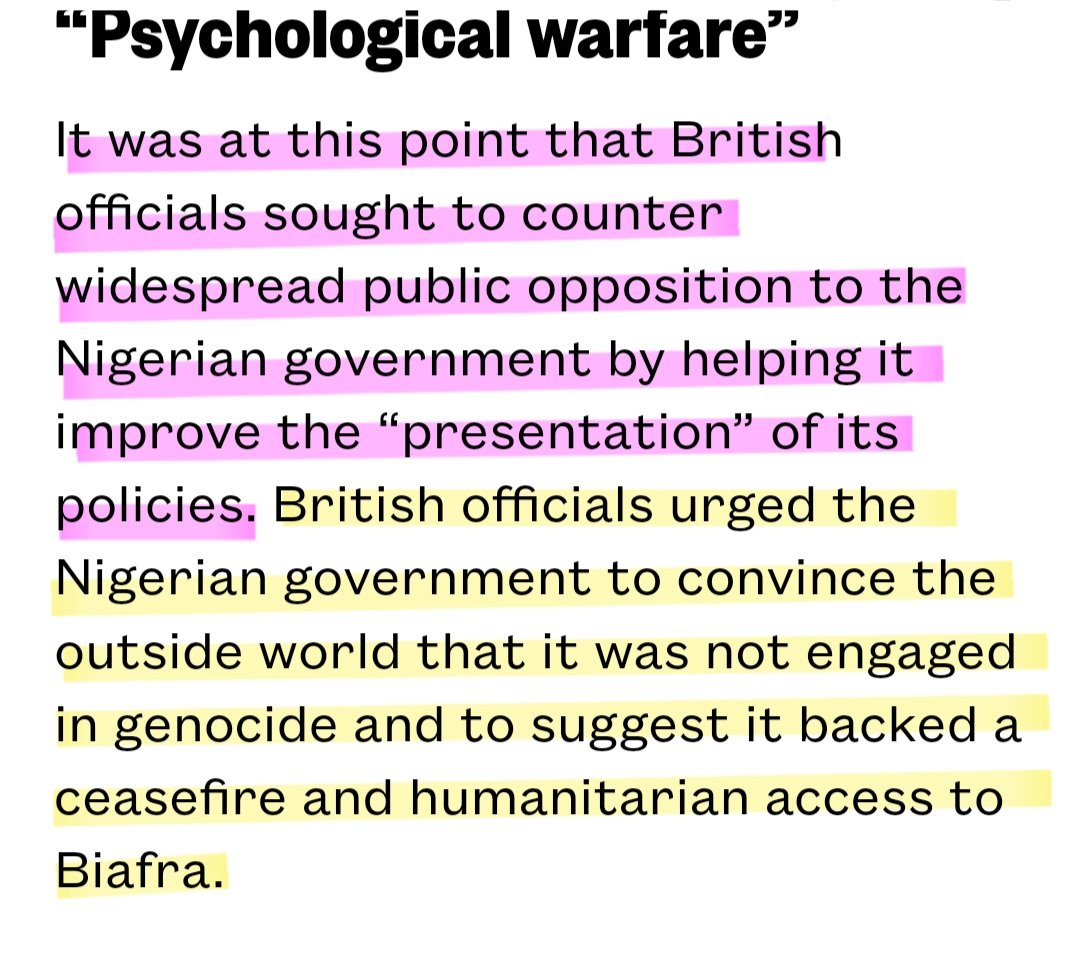 AdanniaT's tweet photo. Nigerian-Biafran Civil War Review. 
It was a British-Biafran War and Nigerian military under Gowon was their foot soldiers. 

The same tactics France tried to use ECOWAS/Nigeria 🇳🇬 to fight Niger 🇳🇪 a few months ago for the same mineral (uranium) interest. 

 Even though, the arm conflict was evaded but it triggered cold War between Nigeria and Niger and ultimately divided West African states. 

 The Question is- 

When's African leaders going to stop letting themselves used to kill their own?

 The same genocide currently going on in DRC where Rwanda is weaponized against DRC ? 
What's wrong with Africa?

Don't  forget they installed two opposing and antagonistic Military Generals to start War in Sudan 🇸🇩

 The interest nations sponsoring  both sides to kill Sudanese while smiling all the way to the bank.

Back to the Biafran War.

So, basically, the British officials provided funds, AIDS, ARMS, AMMUNITION, STRATEGIES, ADVICE, COUNSELING, INTELLIGENCE to FMG under Gowon to extinct his people. 

The BRITISH OFFICIALS also initiated series of PROPAGANDA TO MISLED THE WORLD from factual Information about the war. Also to block any HELP FOR BIAFRANS while actually killing them in thousands daily. 

Following the British journalist & War correspondence, Mr Forsyth and a few other journalists reports in 1968 that busted the BRITISH GOVERNMENT MONSTROUS ACTIVITIES IN BIAFRA.

There was a global outrage including British public against the British government and deservedly so.

The cruelest HIGH COMMISONER IN NIGERIA DAVID HUNT sought to rebrand Nigerian strategy & public relation to keep the world in the DARK WHILE KILLING BIAFRANS for OIL AND GAS.

On the final Note: Gowon didn't fight the war. The British, USSR did. If he didn't get all the heavy weight behind him, the Biafrans would've beaten his behind. 

All odds was against BIAFRA because of that OIL INTEREST and in addition to their perception of Ojukwu as a person they couldn't WALK OVER.

 There was no need to help him. They wouldn't get access to those oil and Gas in Niger Delta in the  present-day South South geopolitical zone of Nigeria. 

 Please read the text below. 
Credit to DECLASSIFIED UK 🇬🇧 
#YakubuGowon #Nigerian #Biafran #genocide #war #UnitedKingdom #WarCriminals #WarCrimes #Ipob #Igbo #Igboamaka #History #Southsouth #Abuja #Ikwerre #MtnNetwork #Gumi #BolaTinubu #OnlyinNigeria