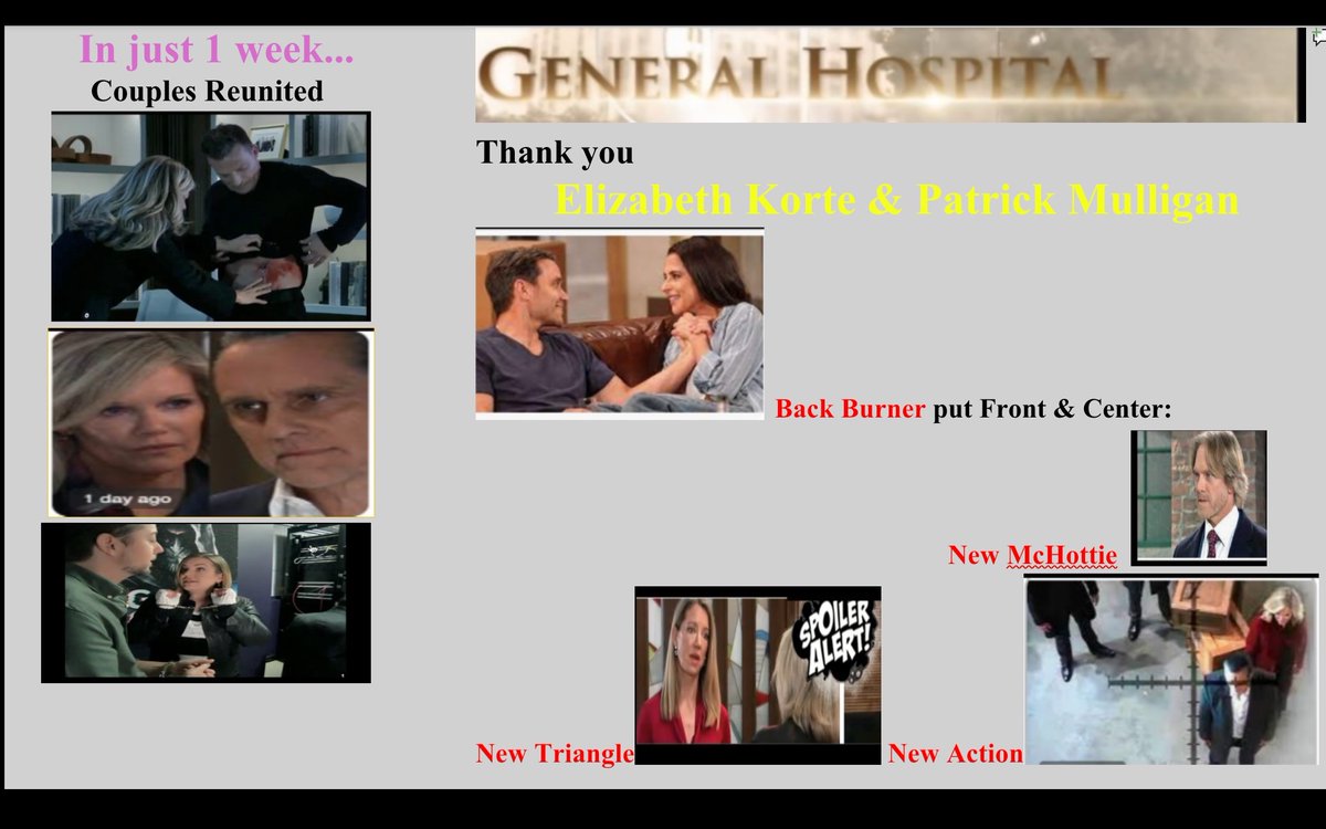 Guilloluisito's tweet image. 👏👏👏👏 well said! Stolen memories, Jeffrey Epstein cults or the 1981 weather machine??! But in just 2 weeks, 👇these great writers have put the focus back on the Hospital, romance &amp;amp; core families!!. #GH  #PatrickMulcahey #ElizabethKorte 🥳