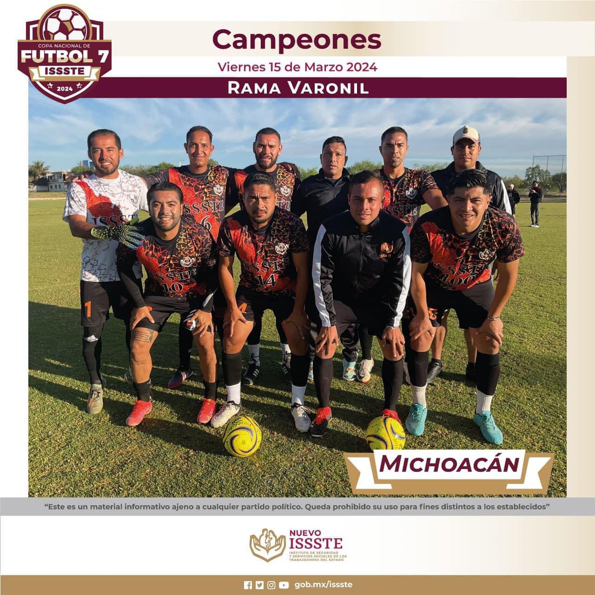 Fenriqueper's tweet photo. Listos los equipos campeones de nuestra “Copa Nacional de Futbol 7, ISSSTE 2024”. Tuvimos una gran fiesta deportiva. Mi reconocimiento y felicitación a todos los participantes. #ISSSTE #FEPH #copaIssste2024 https://t.co/h7FD9Ifke2