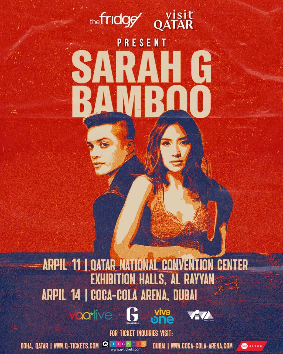 Sarah G and Bamboo will rock Doha and Dubai!

April 11 - Qatar National Convention Center Exhibition Halls (Doha)
April 14 - Coca Cola Arena (Dubai)

Let's go Middle East!!!