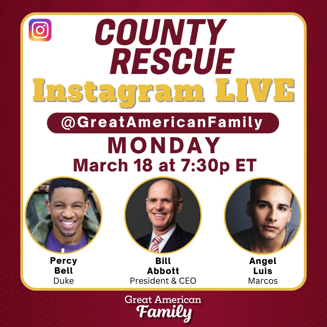 📣 Join our #CountyRescue Pre-Show Instagram Live Q&A MON at 7:30p ET!  Submit questions below for actors Percy Bell or Angel Luis & #GreatAmericanFamily President & CEO, @billabbottHC

Then tune in for a new episode Mon at 8p ET on @GAfamilyTV!  (Or stream anytime on @PureFlix)
