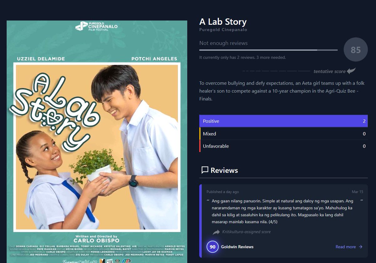 NEW FEATURE: For films with less than  5 reviews counted, we now display their tentative scores.