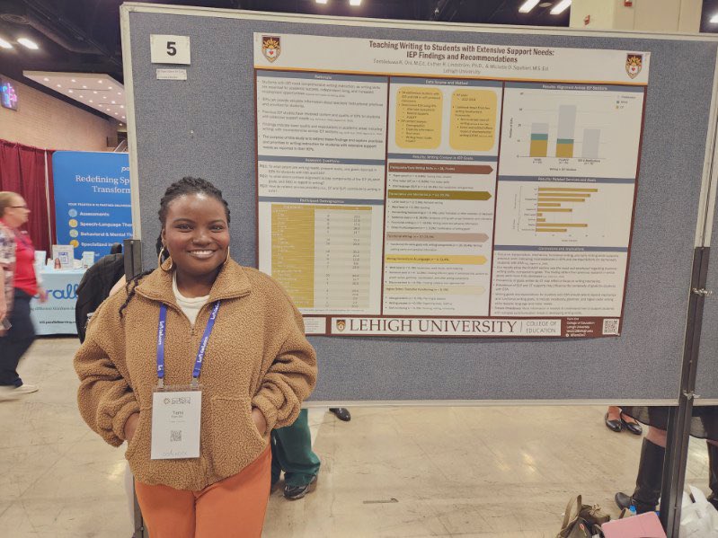 TemiOni7's tweet photo. I had too many wonderful #CEC2024 day 3 highlights for 1 tweet. 
I had my first CEC poster and got to meet researchers whose work have shaped my understanding of writing instruction for students with IDD. Thanks to all the lovely people who stopped by our poster. https://t.co/rgDFiOyk7e
