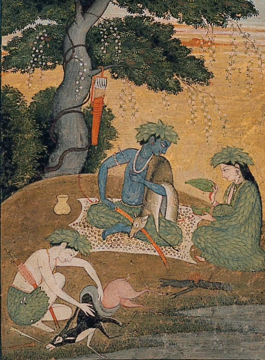 17th - 18th century painting from Kangra School of Art, depicting Sri Rama &  Lakshmana hunting deers & peeling their skin , in presence of Bhagvati Sita.