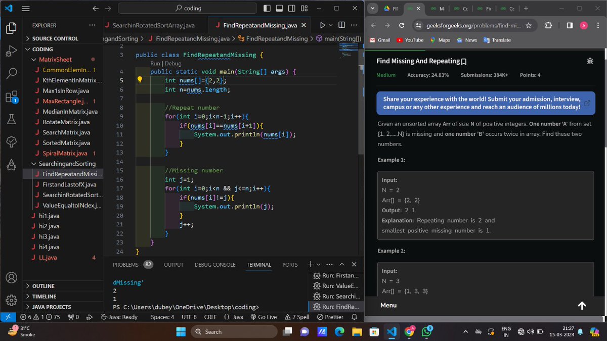 Anant_990's tweet photo. Day(60 &amp; 61 / 100) of #100DaysOfCode 
☑️ Did three Q'ns on geeks for geeks
🔷 First &amp; Last Occurences of x
🔷 Value equal to Index value 
🔷 Find Missing &amp; repeating
☑️ Learned how to make website responsive. 
#Java #DSA 
#webdeveloper 
#codinglife https://t.co/TaJgA1eZ3p