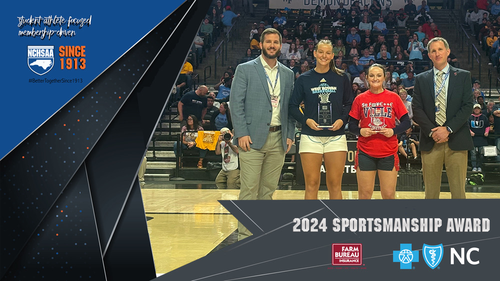 NCHSAA's tweet photo. Hats off to the 2024 @NCFarmBureau Sportsmanship Award recipients for 3A Basketball!

⭐️Emma Clarke (West Rowan)
⭐️Skylar Young (Terry Sanford)
⭐️Noah Edmisten (Central Cabarrus)
⭐️DeAndre Nance (Seventy-First)

#BetterTogetherSince1913 https://t.co/Xznsx91nAK