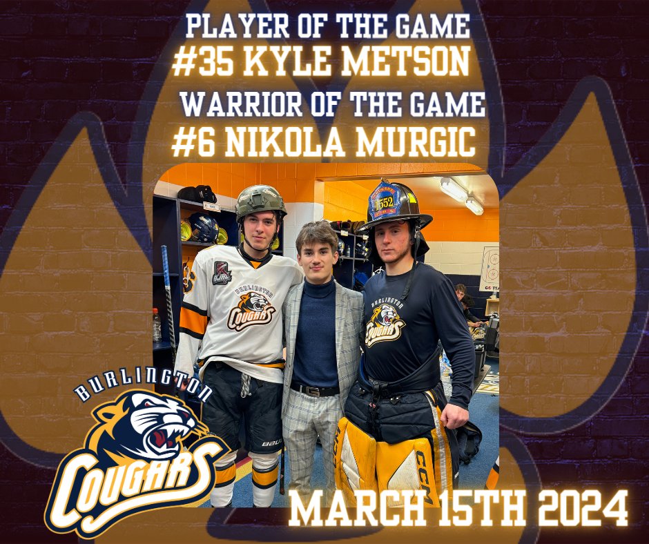 Congratulations to our POG #35 Kyle Metson & our WOG #6 Nikola Murgic for our game against the Milton Menace March 15th! #gocougsgo