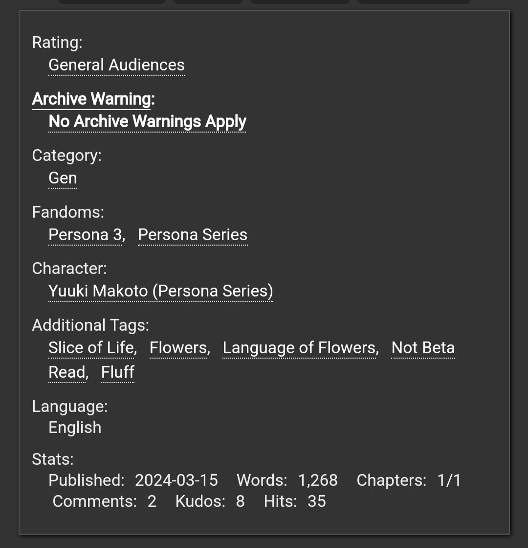 I wrote my first P3 fic :3
Nothing much, just slice of life / flower language stuff~ 

AO3: archiveofourown.org/works/54484579
#Persona3