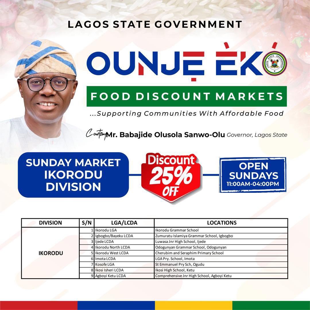 Mr_JAGs's tweet image. &apos;OUNJE EKO&apos; FOOD MARKETS OPEN ACROSS LAGOS FROM SUNDAY

Governor Babajide Olusola Sanwo-Olu has directed that &apos;Ounje Eko&apos; food markets should commence discounted sale of food items across the five divisions of Lagos effective from Sunday, March 17, 2024.

The food items - rice,…