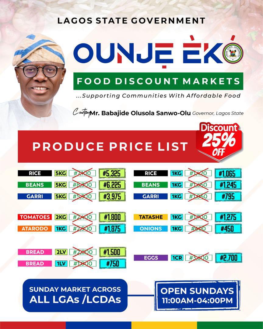 Mr_JAGs's tweet image. &apos;OUNJE EKO&apos; FOOD MARKETS OPEN ACROSS LAGOS FROM SUNDAY

Governor Babajide Olusola Sanwo-Olu has directed that &apos;Ounje Eko&apos; food markets should commence discounted sale of food items across the five divisions of Lagos effective from Sunday, March 17, 2024.

The food items - rice,…