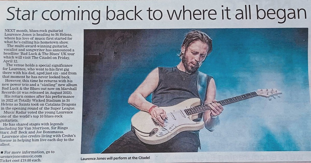 I’m honoured to be in my childhood newspaper @sthelensstar ! ⭐️ ‘Star coming back to where it all began’ ‘Laurence Jones is heading to St.Helens where his love of music first started for what he’s calling a hometown show visiting @thecitadel1861 on Friday 12th April. #sthelens