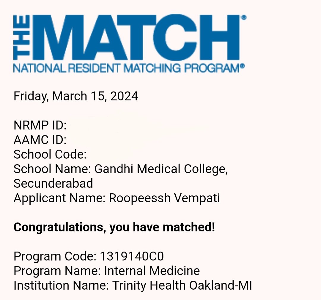 Iam excited and feel accomplished to have been matched at @THO_WSU_IM @waynestate. This will be a fantastic opportunity to develop my skills and work towards achieving my dreams. 

#Match2024 #InternalMedicine #IMproud #IMphysician