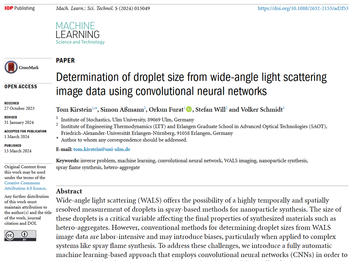 MLSTjournal's tweet photo. Great new work by Orkun Furat, Stefan Will, Volker Schmidt et al @uni_ulm @UniFAU - 'Determination of droplet size from wide-angle #lightscattering image data using convolutional #neuralnetworks' -https://t.co/kMAPKsF5eN #machinelearning #nanotechnology #AI #materials #imaging https://t.co/iQjg8uqjzp