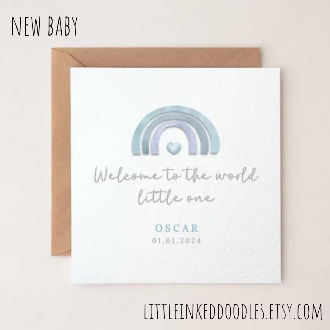 A personalisable 'welcome to the world' new baby card with a delightful blue rainbow design. Search 'baby' @ littleinkeddoodles.etsy.com #Shopindie #UKGiftHour #UKGiftAm #craftbizparty #SmallBusiness #baby #newborn #babygirl #babyboy #newbornbaby #babyshower #pregnant #babies #newmum