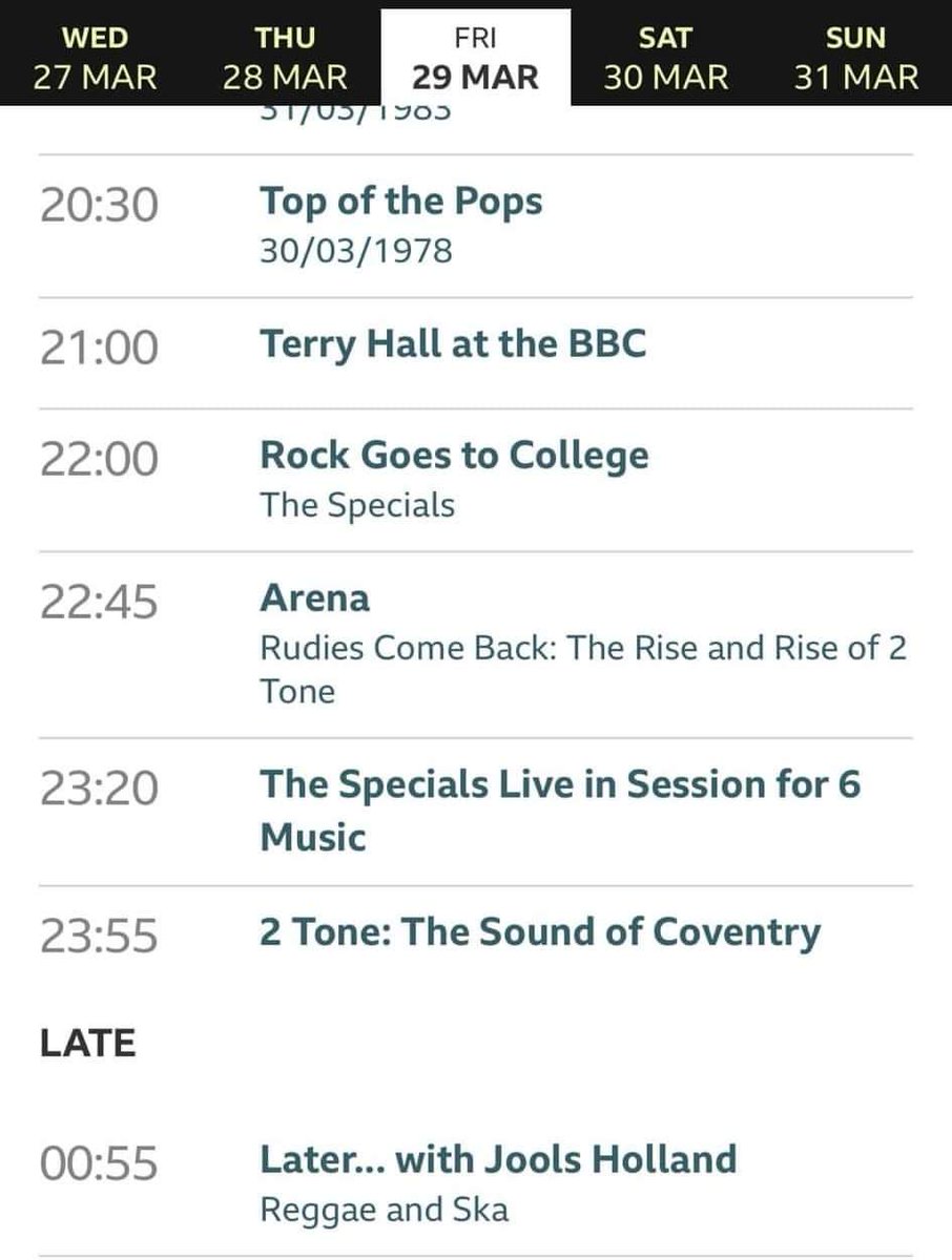SPECIALS NIGHT BBC4 29TH MARCH TERRY HALL AT THE BBC Terry's career caught at the Beeb THE SPECIALS ROCK GOES TO COLLEGE The awesome live gig recorded Dec 1979 ARENA--RUDIES RETURN DOCUMENTARY The best capture ever about the rise of 2Tone 2TONE- THE SOUND OF COVENTRY.