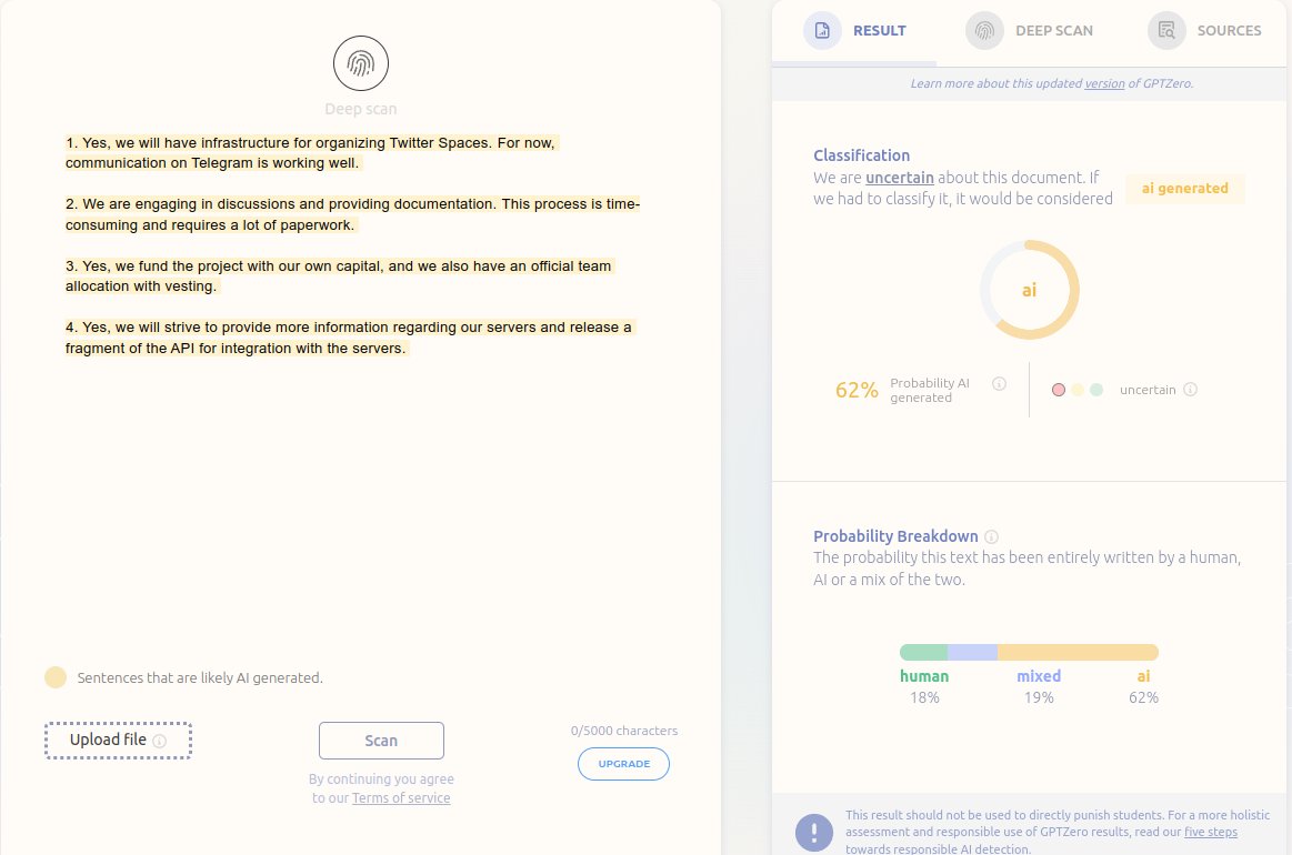 The one-man show "team" yesterday did an AMA in the group. Copy Doc_Rosnet's answers into the form on gptzero.me. Simple answers are ChatGPT generated. I only know that from LARPs... 

#rosnet $rosnet