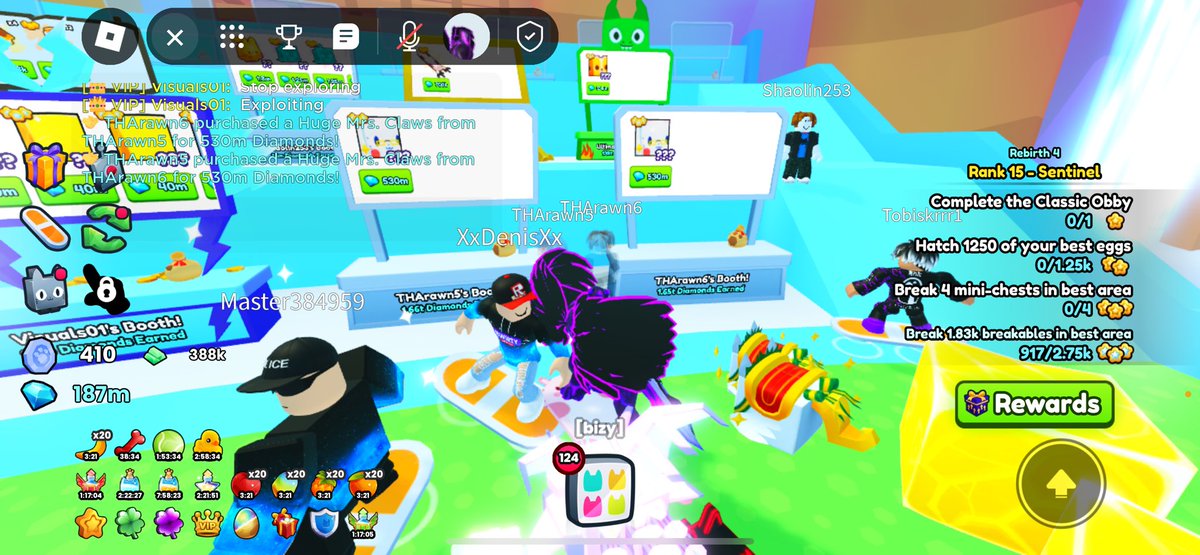 Visuals4Life's tweet photo. @BuildIntoGames can you ban people like these he has about 10 alts and all he does is make all raps glitched for certain items or pet!!! Its well annoying especially when your trying get one your self and its just constantly going up because of people like him. Look at his booths https://t.co/tGfjLZDNEE