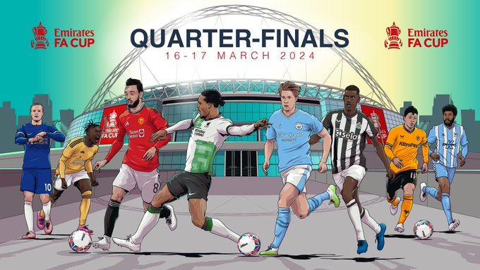 A graphic to promote the Emirates FA Cup quarter-finals that are taking place on 16-17 March. It depicts a player from each team in a cartoon style, outside of Wembley Stadium