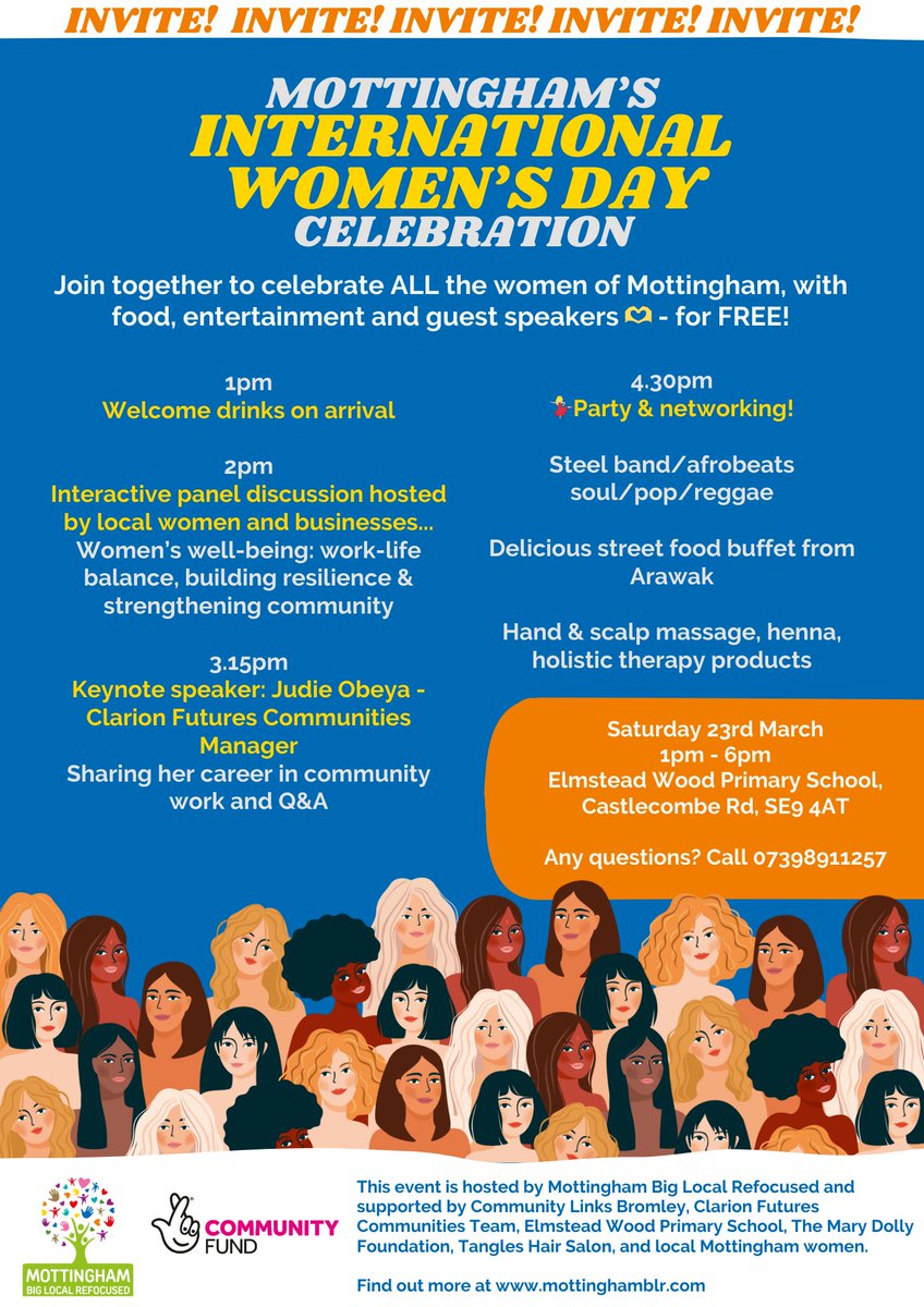 One week to go!🌟Come along next Saturday for Mottingham's International Women's Day Celebration, with speakers that #inspireinclusion, locally cooked street food, and an opportunity to meet new people and celebrate the women of Mottingham ❤️ #MottinghamWomen #mottingham