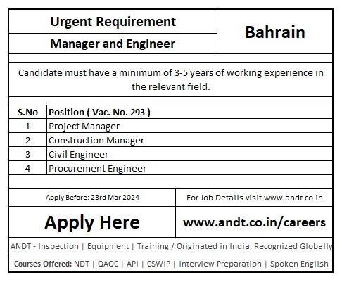 Bahrain Job Opportunity!
Urgent Requirement.
Apply before 21st March, 2024
#Bahrainjobs #andt #ndt #QCJobs #mechanicalengineering #gulfExperience #JobOpening #EngineeringCareers #ApplyNow