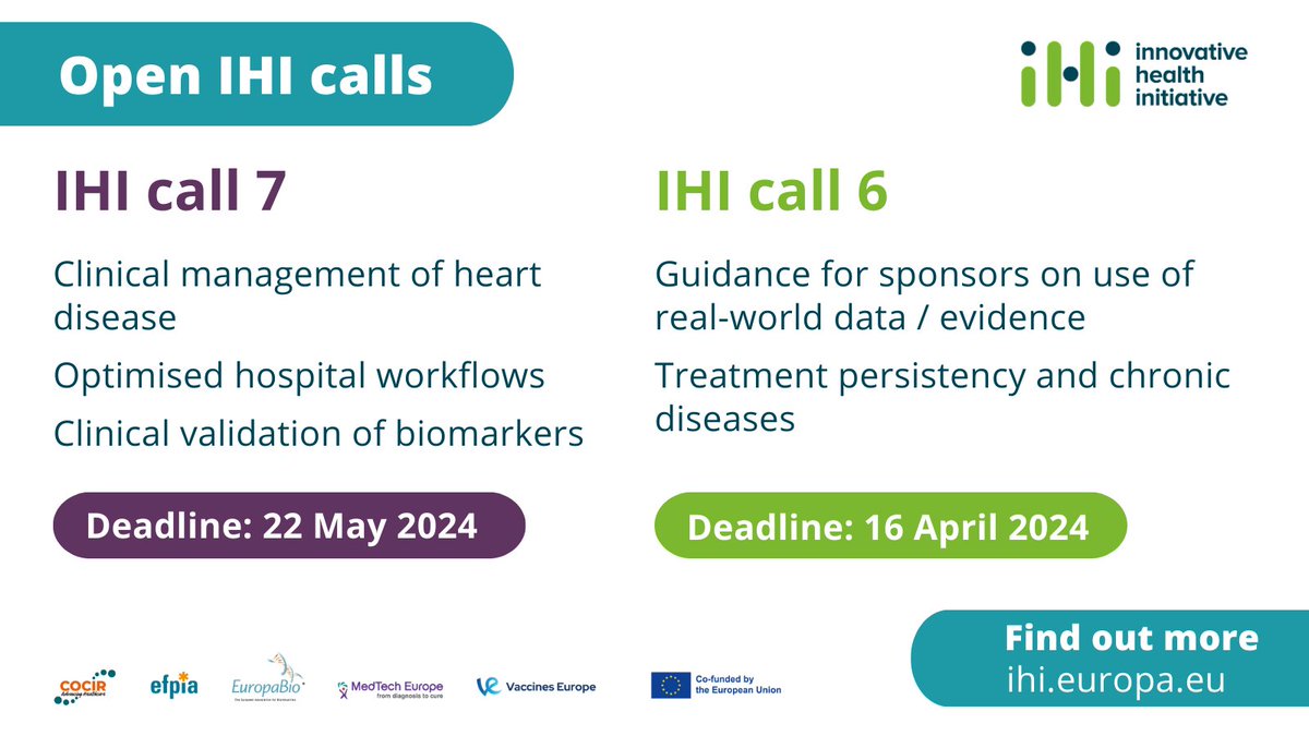 Health Innovators, are you ready? Innovative Health Initiative (IHI) has published calls for proposals #6 & #7, covering topics like #chronicdiseases, real-world evidence, #healthcare workflows, and more! Ready to take the next step? europa.eu/!WnVk8V