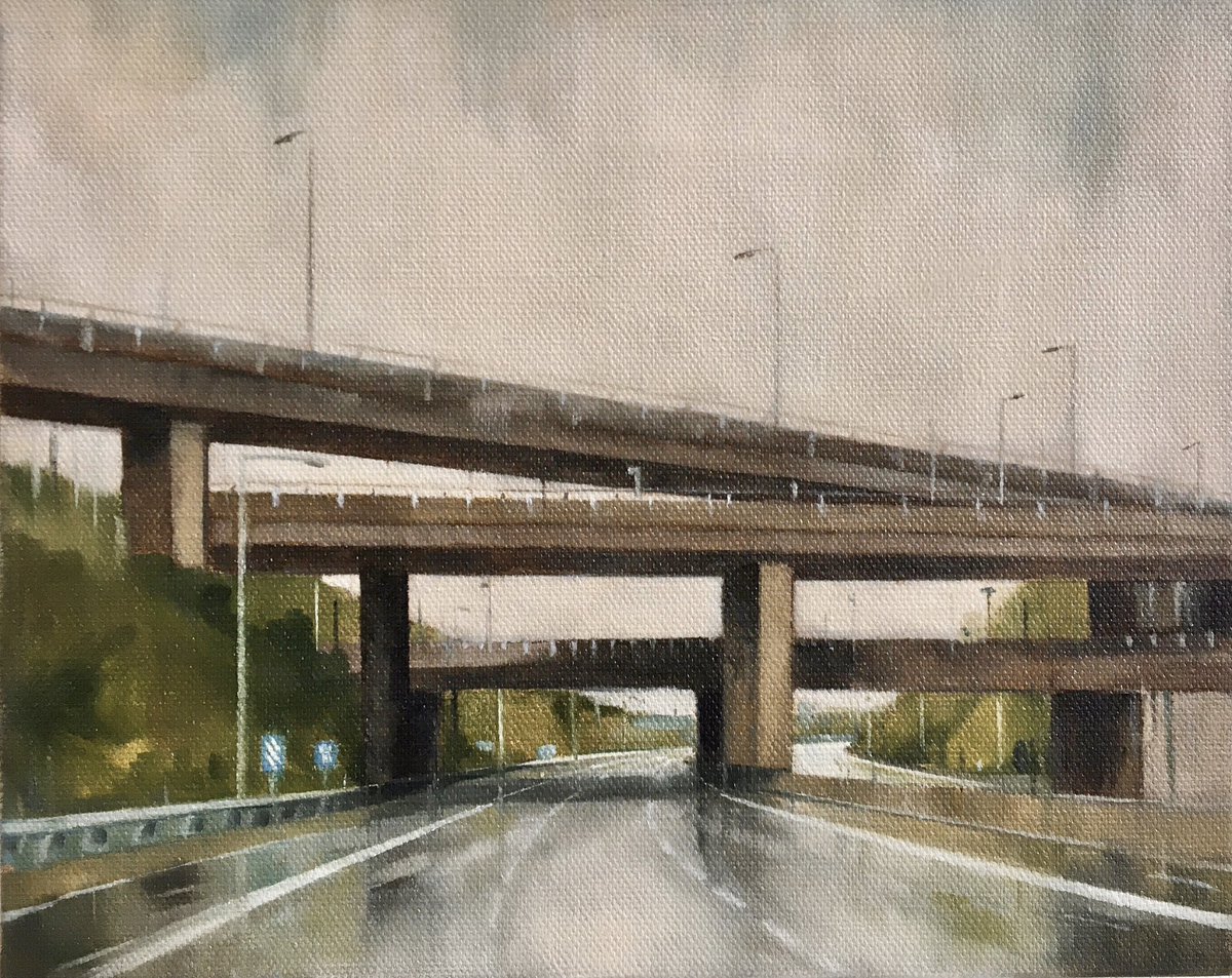 I heard on the radio this morning that the M25 is closed in both directions (the first time they’ve done this) between Jnc 10&11 this wkend. It bought to mind my painting Hostilities On Hold. #painting #M25 #Traffic #ArtistOnTwitter #motorway #concrete