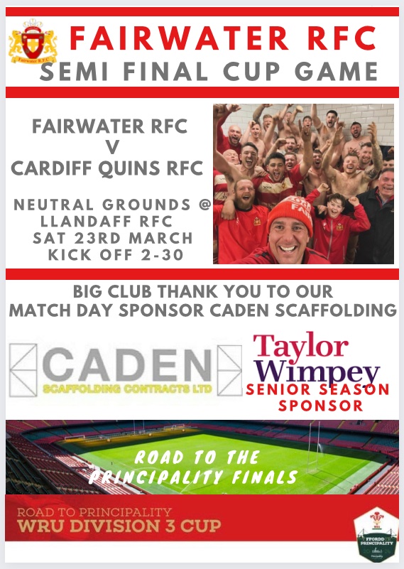 It’s your 7 day count down! Semi Final against @CardiffQuinsRFC We look forward to pitch side support @ Llandaff Rfc Grounds. Thank you to match day sponsor - @CadenScaffolding & to our Season Sponsors Taylor Wimpey Homes 🔴⚪️🏉 @AllWalesSport