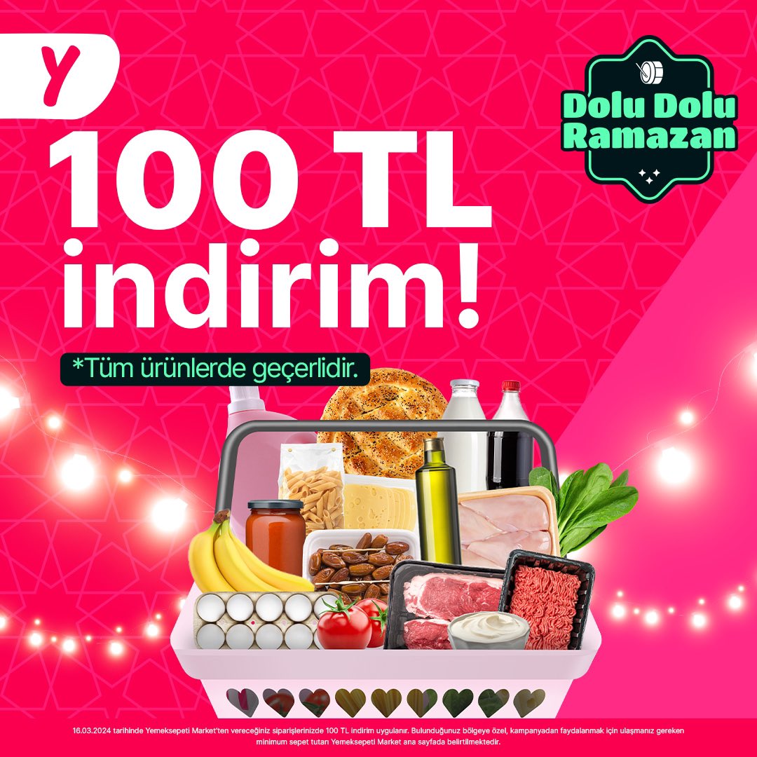 Dolu Dolu Ramazan fırsatlarını kaçırma, evin eksiklerini indirimlerle tazele! 💕 Bugüne özel 100 TL indirim Yemeksepeti Market’te seni bekliyor.🎊