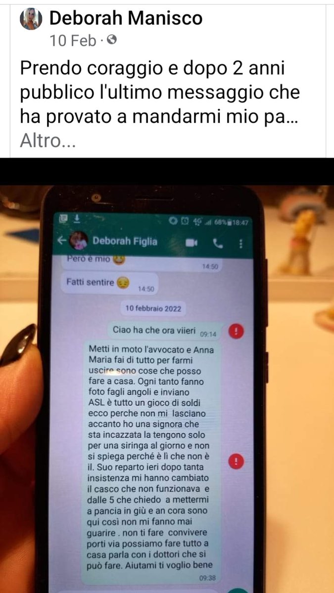 Questa testimonianza
fa male al cuore,
da brividi...😢

Deborah Manisco:

Prendo coraggio e dopo
2 anni pubblico l'ultimo messaggio che ha provato a mandarmi mio padre. Però non avendo credito
il messaggio non è mai partito e io quel giorno avevo l'appuntamento per vederlo. Ma