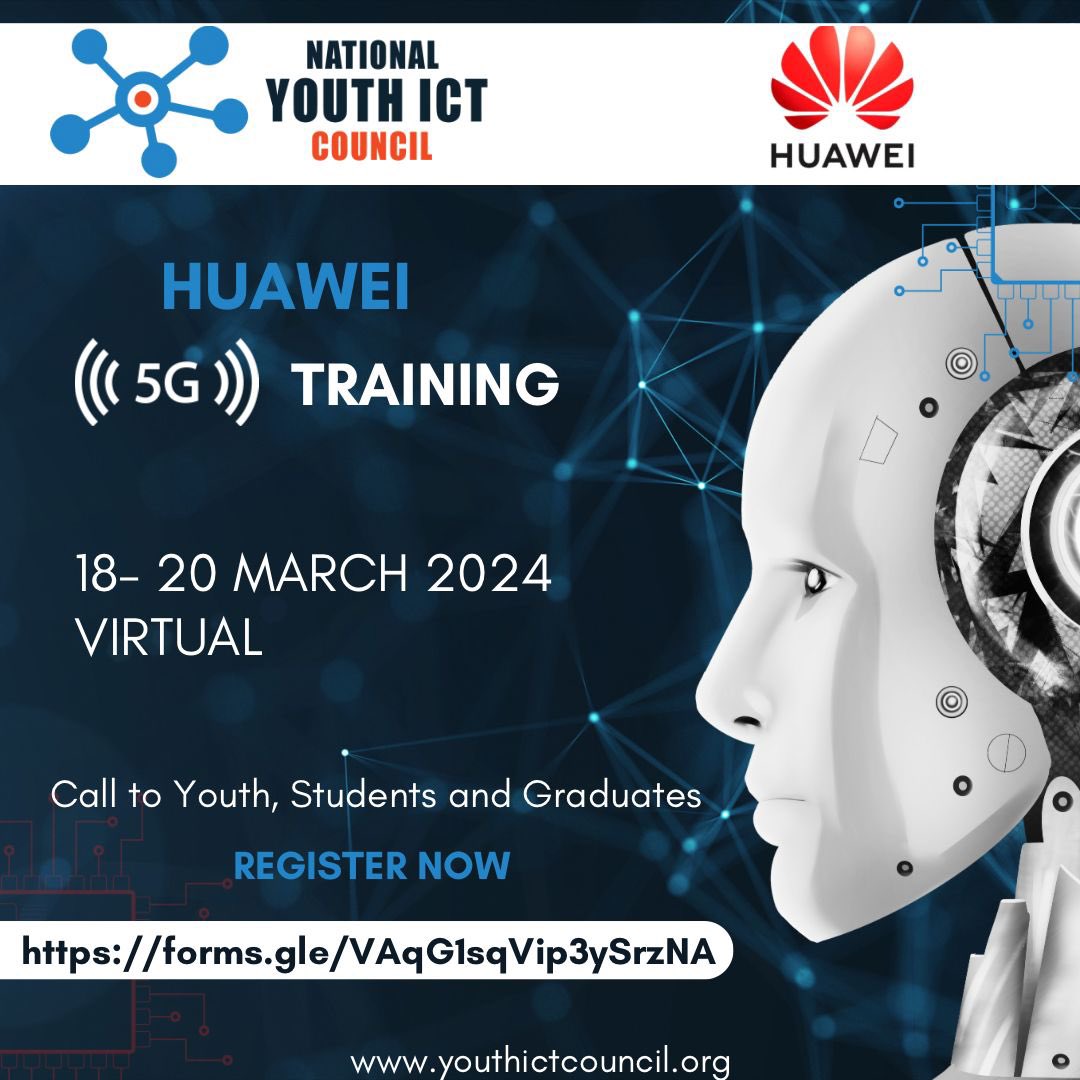 The National Youth ICT Council in partnership with Huawei South Africa calls on the youth, students and graduates within the ICT field to partake in a 5G training from 18 - 20 March 2024

Register on: forms.gle/bi5ZhehfBf4U23…