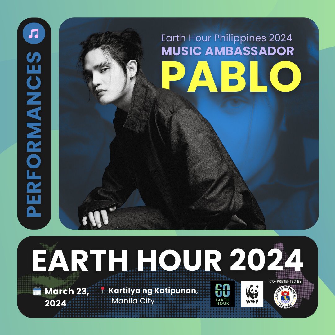 📢 🐼 BIG NEWS: We're thrilled to announce PABLO as our Earth Hour 2024 Music Ambassador! Welcome him to the #EarthHour family & celebrate his incredible talent at the Switch Off Event in Kartilya ng Katipunan, Manila, this March 23. Let's make some noise for a greener world!