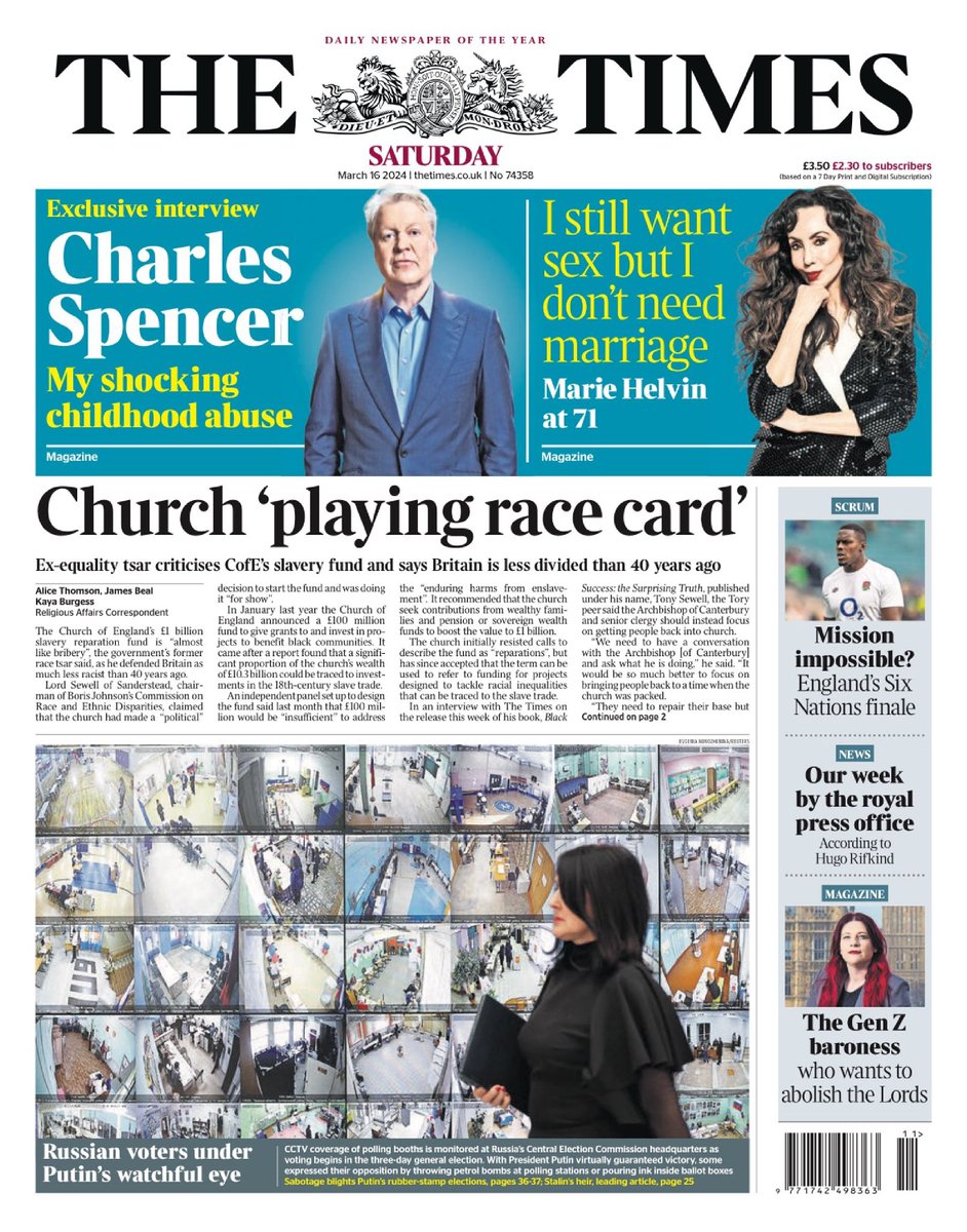 🇬🇧 Church 'Playing Race Card' ▫Ex-equality tsar criticises CofE's slavery fund and says Britain is less divided than 40 years ago ▫@aliceTTimes @JamesSBeal @kayaburgess #frontpagestoday #UK @thetimes 🇬🇧