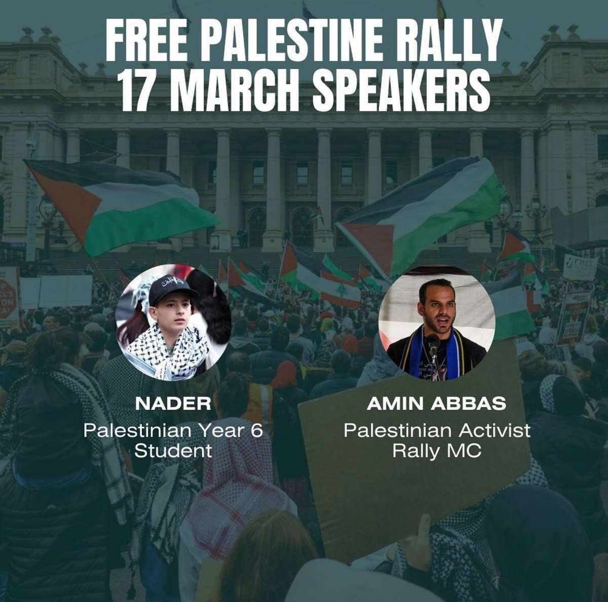 A 6th grade Palestinian student will be speaking at Sunday’s rally &amp; march for Palestine in Melbourne, AU. Really looking forward to hearing what he has to say. 🇵🇸