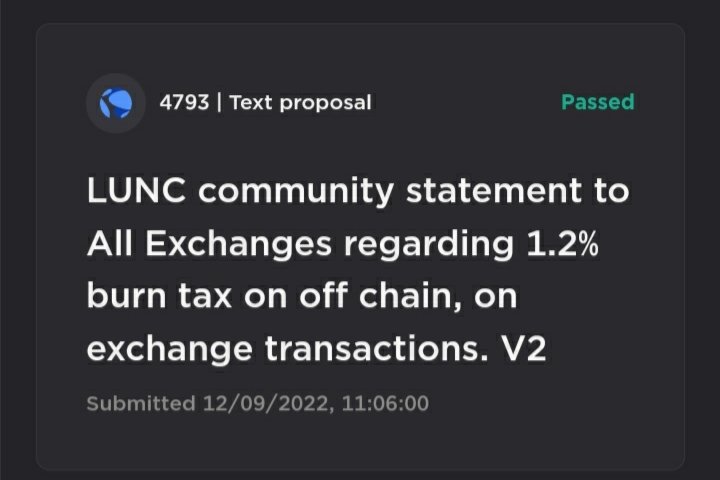 1.5% tax on-chain --> 1.2% burn tax off-chain --> 🔥🚀 #LUNC to $119+ Let's support the original recovery plan for #LUNC of proposal #4793 from September 2022, which passed governance with 99.31% YES, for the 1.2% burn tax off-chain on exchanges! 🔥 This was always the best