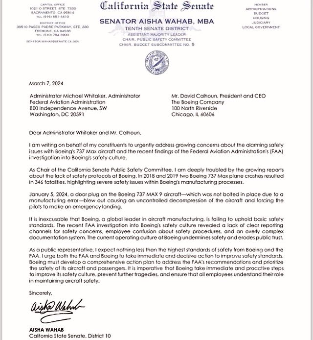 Last week, I wrote a letter to the @federalaviationadministration and @boeing to prioritize safety, maintenance, and more.