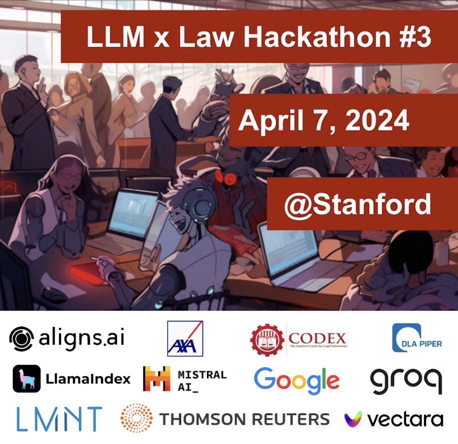 <a href="/AlignsAI/">aligns.ai</a> is excited to collaborate with <a href="/CodeXStanford/">CodeX Stanford</a> <a href="/GroqInc/">Groq Inc</a> <a href="/MistralAI/">Mistral AI</a>, <a href="/llama_index/">LlamaIndex 🦙</a> <a href="/vectara/">Vectara</a> <a href="/lmnt_com/">LMNT</a> <a href="/AXA/">AXA</a> <a href="/thomsonreuters/">Thomson Reuters</a> <a href="/Google/">Google</a> for the LLM x Law Hackathon at <a href="/StanfordLaw/">Stanford Law School</a>! 🏛️🚀 Join us to innovate alongside the best in legal AI. 📝🤖️ Sign up: partiful.com/e/NsYXeDR8YUiR…