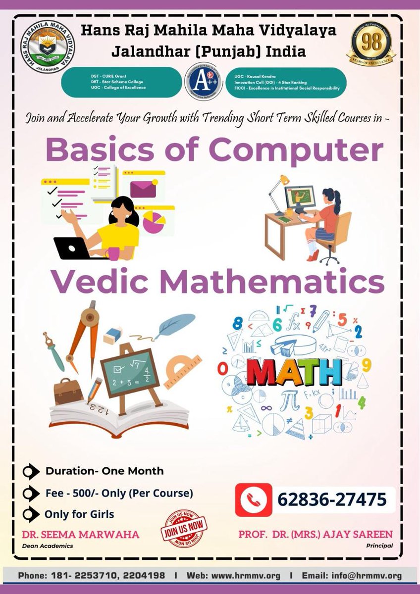 HmvCollege's tweet image. Ready to supercharge your skills? Join our trending short-term courses in Basics of Computer and Vedic Mathematics!

Register Now - forms.gle/2G6ngLQwZd2frn…

.

.

.

#hmv #hmvjalandhar #shorttermcourse #basicsofcomputer #vedicmathematics #joinnow #resgister