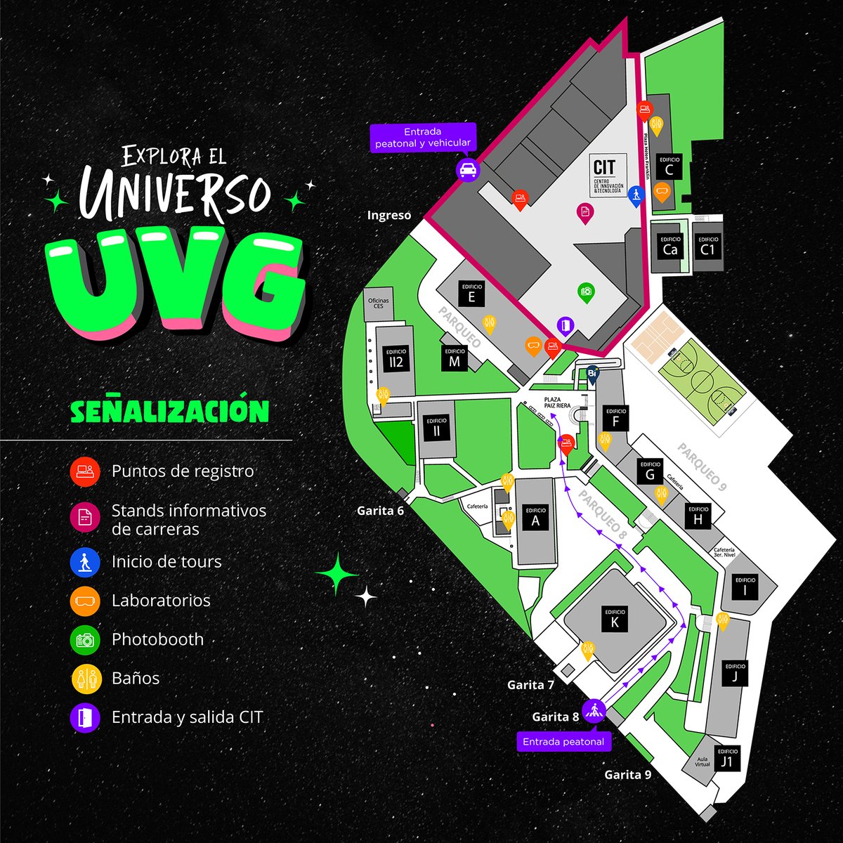 Este sábado, conoce UVG en Experiencia 2024 y explora cada rincón de nuestro Centro de Innovación y Tecnología (CIT). ¡Revisa este mapa para ver todos los detalles! Anímate. 🐲🧭 🔜 Regístrate aquí tinyurl.com/2s468c5p