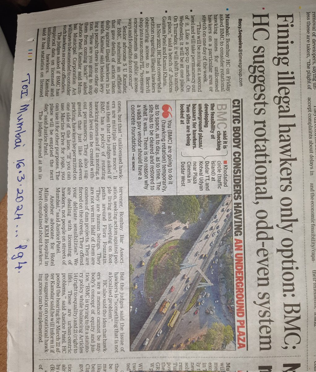 Its strange that Hon'ble Bom. HC has taken such a stand against Mumbaiites by stating hawkers' menace '...cannot be anybody's concept of equity&justice'. And may we ask what about the right to life of common cutizens? Also the @mybmc should be directed to invoke .... Pg.1/n