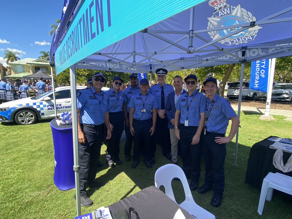 WA_Police's tweet photo. The WA Police Force Cadet Programs were re-opened as part of the Police Careers Expo at Mandurah Crab Fest today. Come see us today and tomorrow on the Eastern Foreshore and Keith Holmes Reserve #letsjoinforces #crabfest #mandurah https://t.co/Xkkb9tNq0Q