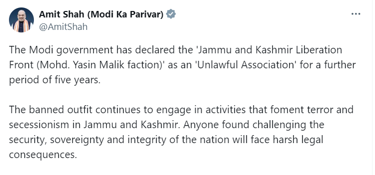 ANI on X: ""The Modi government has declared the 'Jammu and Kashmir Liberation Front (Mohd. Yasin Malik faction)' as an 'Unlawful Association' for a further period of five years," says Union Home