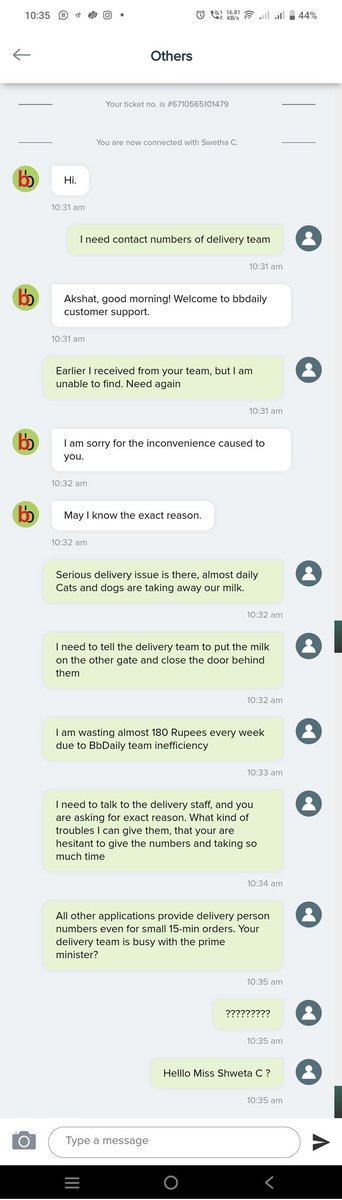 fuggss's tweet photo. @bigbasket_com @CEE_bigbasket @TataCompanies @RNTata2000 this is the kind of service and chat Support you get from BBDaily chat with live agent Miss Shweta C. Rude. Arrogant. Irritating. https://t.co/75aedzFUQM