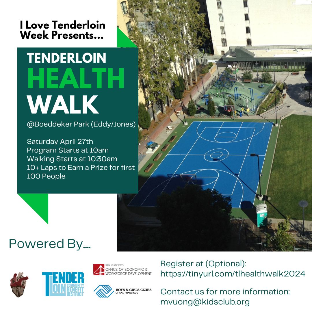 Tenderloin Health Walk as part of I Love Tenderloin Week on Saturday April 27th at Boeddeker Park!! Spread the word, sign up!! Tinyurl.com/tlhealthwalk20… @sfoewd @TLCBD @TNDC @codetenderloin @stanthonysf @ymcasf @TLMuseumSF