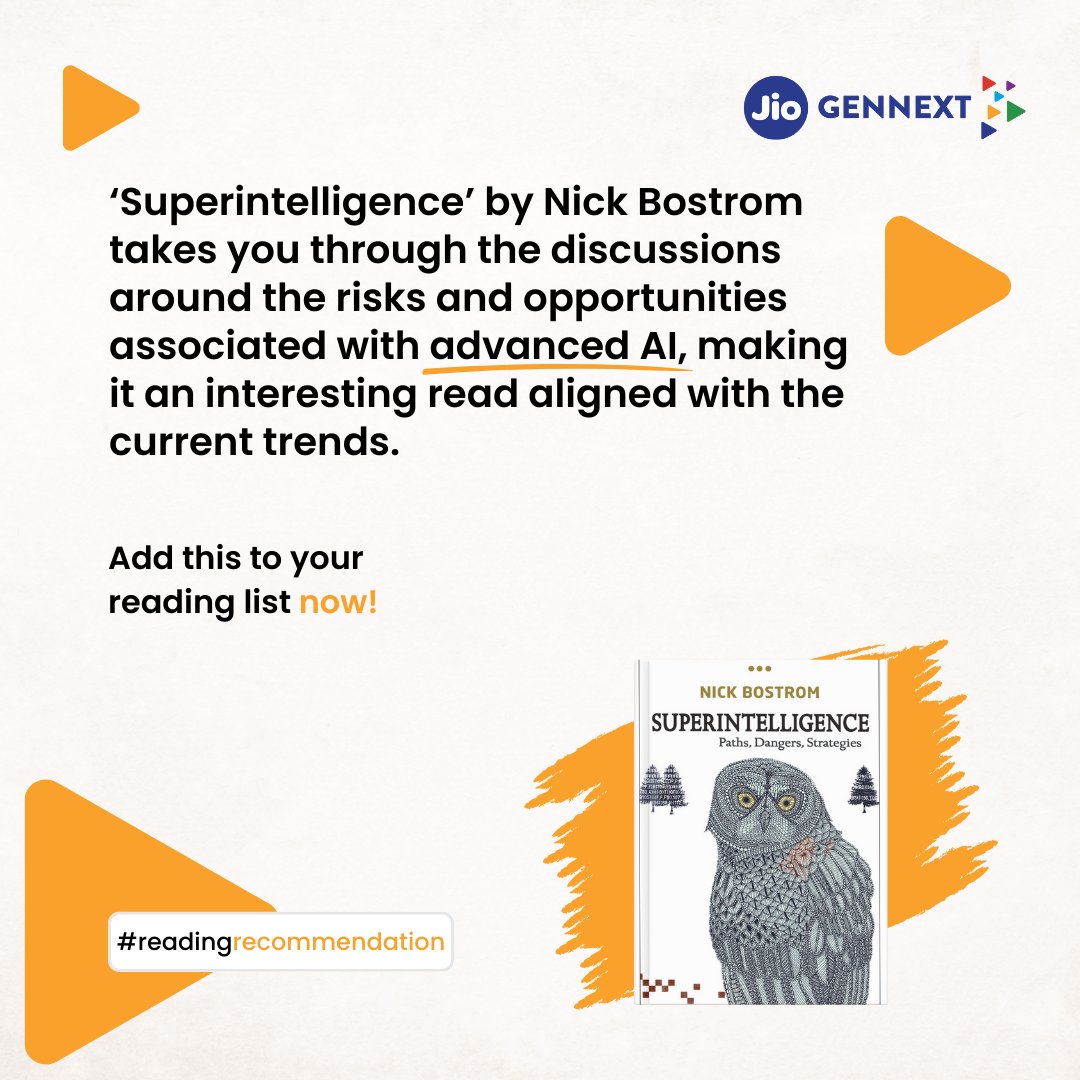 'Superintelligence' by Nick Bostrom provides founders with insights into the opportunities, challenges, and ethical considerations of AI development. This book helps them make informed decisions for responsible and impactful use of AI in their ventures. #JioGenNext