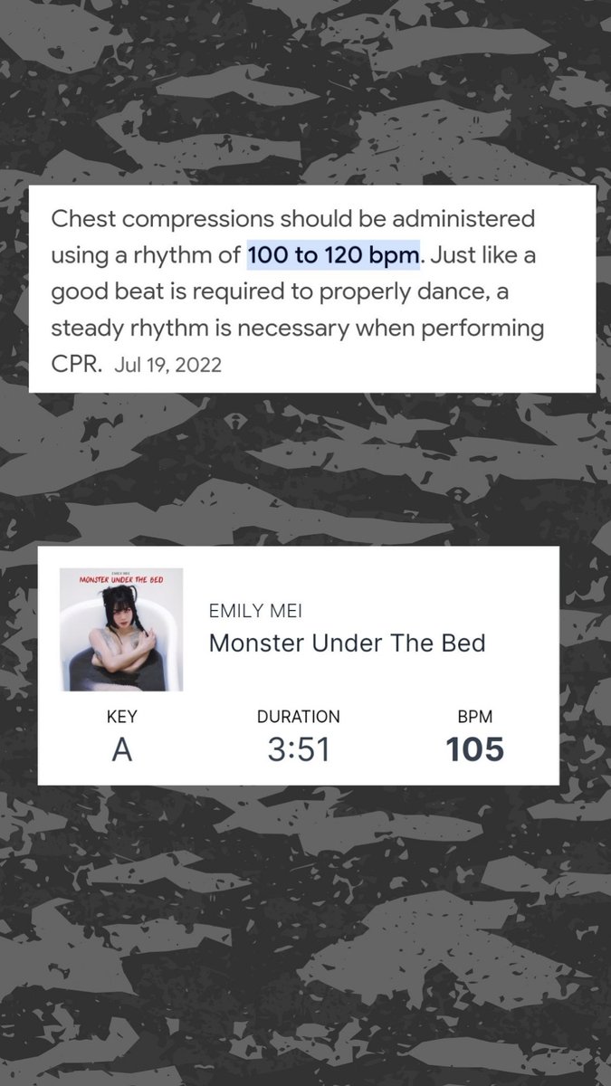 At 105 bpm, Monster Under the Bed by Emily Mei (feat. Park Yuri) can be used to help during CPR ❤️!
#fyp #cpr #savelives #savealife #cprmusic #cprsong #AHA #music #emilymei #parkyuri #yuri #monsterunderthebed #tiktok