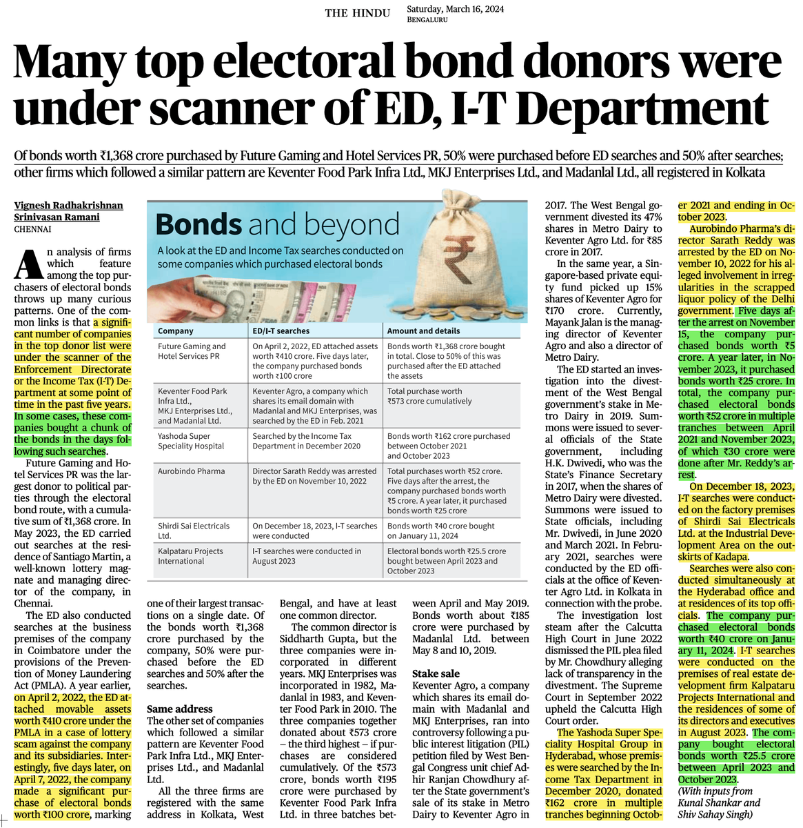 beastoftraal's tweet photo. Oh, man... what a massive, massive organized, legalized (now illegal), and process-oriented extortion racket using (abusing, really) Central institutions and treating them as puppets! 
—Santiago Martin:
April 2, 2022: ED attaches movable assets worth ₹410 crore.
April 7, 2022: Purchases electoral bonds worth ₹100 crore.
—Yashoda Super Speciality Hospital Group:
December 2020: IT search.
October 2021 to December 2023: Donates ₹162 crores.
—Aurobindo Pharma:
November 10, 2022: Director Sarath Reddy arrested by the ED.
November 15, 2022: Company purchased bonds worth ₹5 crore. November 2023: Purchased bonds worth ₹25 crore. 
—Shirdi Sai Electricals Ltd:
December 18, 2023: IT search.
January 11, 2024: Company purchased electoral bonds worth ₹40 crore.
—Kalpataru Projects International:
August 2023: IT search.
April 2023 to October 2023: Company bought electoral bonds worth ₹25.5 crore.
