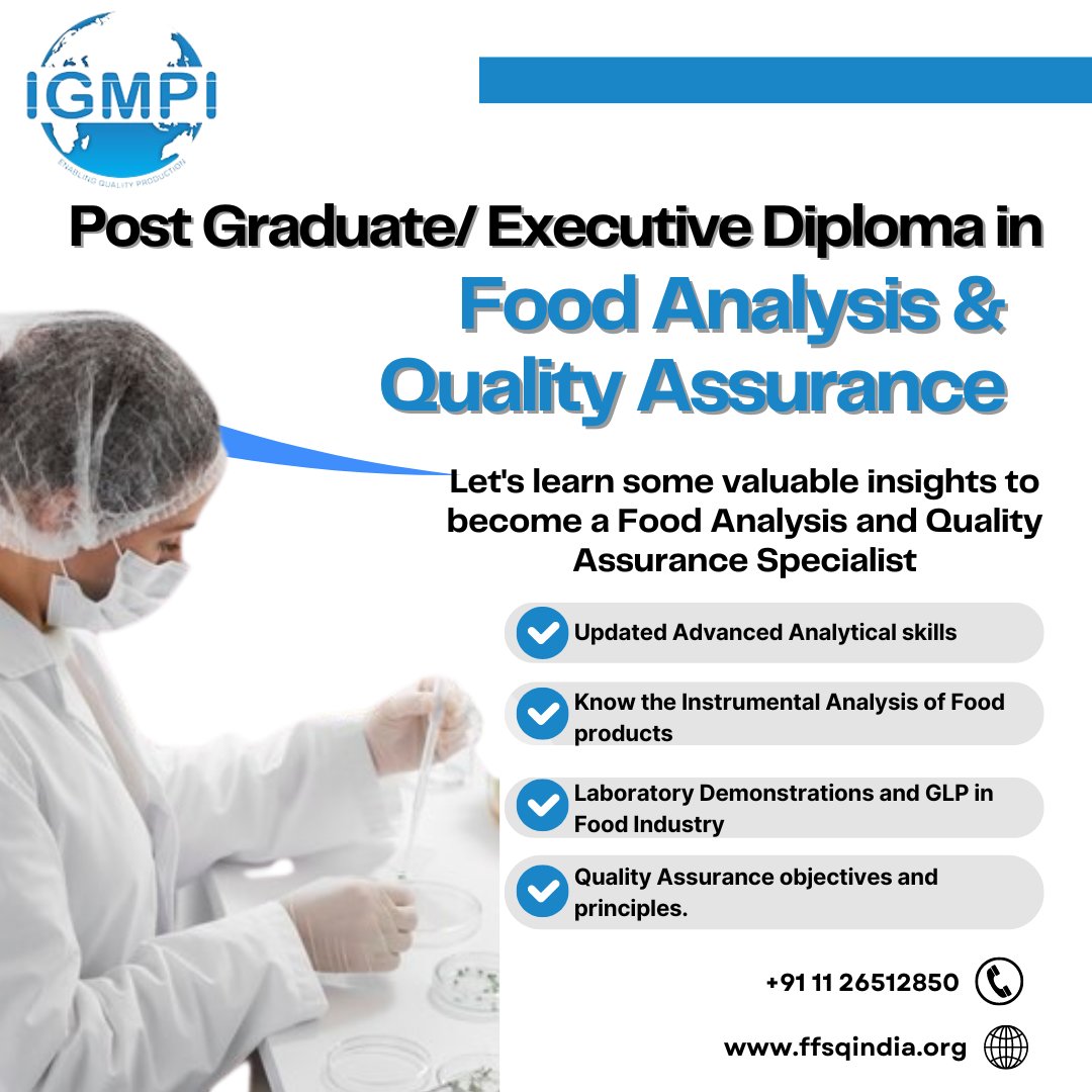 Master the science of food analysis and ensure quality assurance with our Post Graduate/Executive Diploma in Food Analysis and Quality Assurance.
 ffsqindia.org 
#FoodAnalysis #QualityAssurance #FoodScience #FoodTech #FoodSafety #FoodIndustry #FoodTesting #FoodQuality