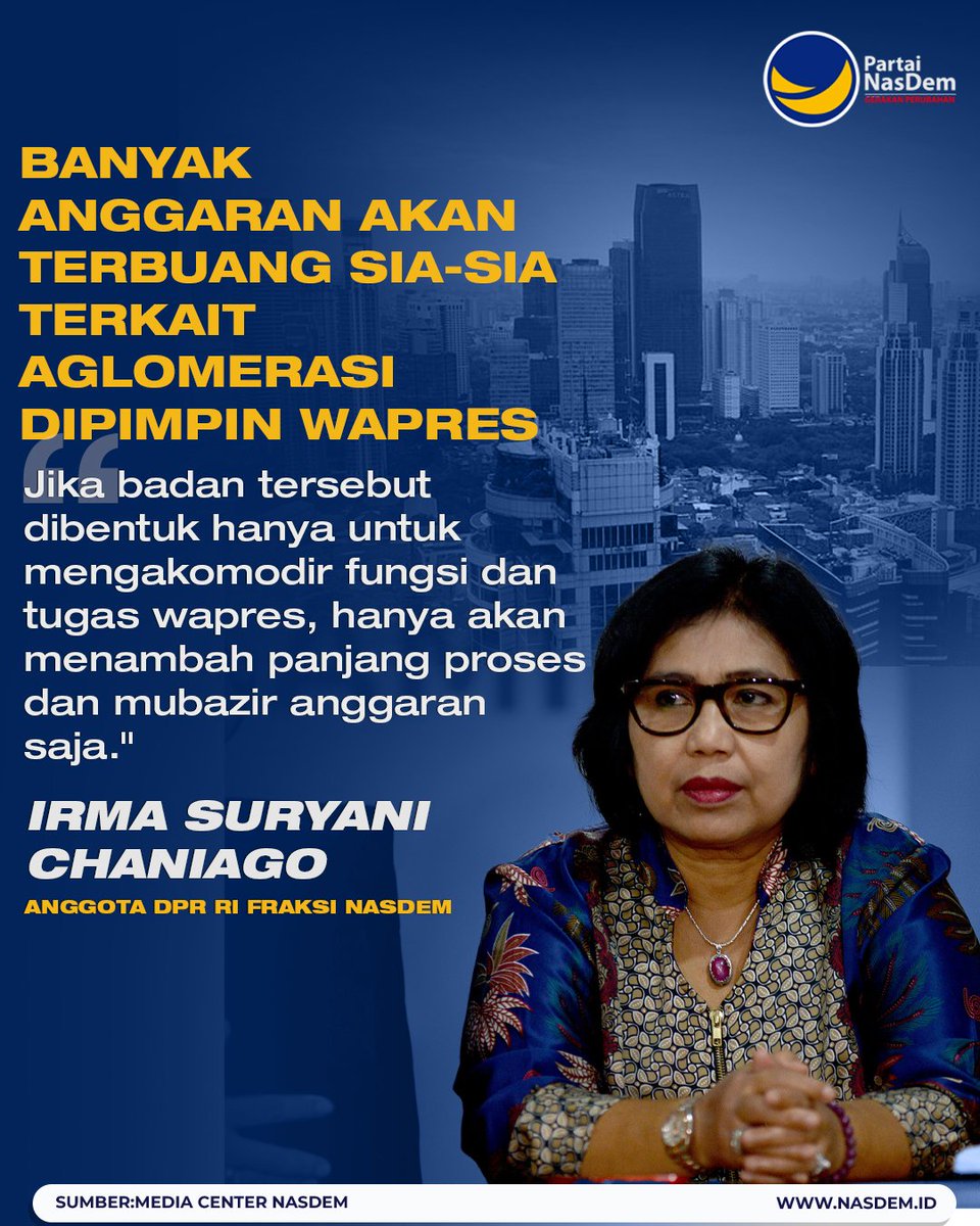 NasDem's tweet photo. Politikus Partai NasDem Irma Suryani Chaniago menyoroti pasal dalam Rancangan Undang-Undang Daerah Khusus Jakarta (RUU DKJ) terkait Dewan Aglomerasi yang dipimpin wakil presiden (wapres). 

Menurut legislator NasDem ini aturan itu dinilai membuat banyak anggaran yang terbuang sia-sia.

#RUUDKJ #PataiNasDem